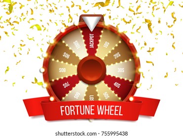 Lucky roulette with red ribbon and falling confetti. Vector illustration.