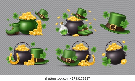 Lucky Saint Patricks Day Vector Elements Collection with Gold Pots, Hats, Clover and Lucky Symbols