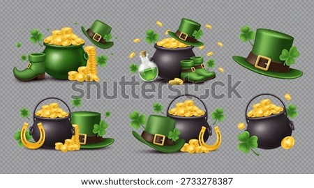 Lucky Saint Patricks Day Vector Elements Collection with Gold Pots, Hats, Clover and Lucky Symbols