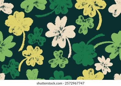 Lucky Saint St Patrick day seamless pattern. Three-leafed and four-leafed art clovers. Silhouette of plant leaves. Artwork for the design of festive products for St. Patrick's Day. Seamless pattern.