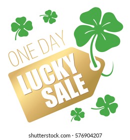 Lucky Sale sign. Gold tag and clover. Vector illustration.