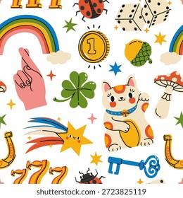 Lucky seamless pattern with dice, charms, and talismans for casino backgrounds, fortune themed designs, and magic or superstition illustration. A colorful vector collection of hand drawn icons for cartoon wallpapers, jackpot signs, and isolated doodle art.