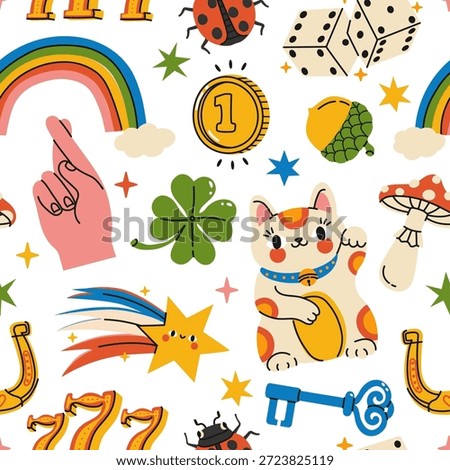 Lucky seamless pattern with dice, charms, and talismans for casino backgrounds, fortune themed designs, and magic or superstition illustration. A colorful vector collection of hand drawn icons for cartoon wallpapers, jackpot signs, and isolated doodle art.