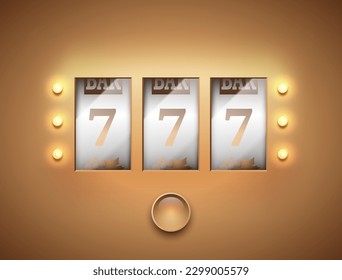 Lucky seven 777 slot machine. Spin button, cut frame, isolated on gold background. Vector online casino vegas game. Gambling fortune chance web banner. Win jackpot golden 7, led bulb light