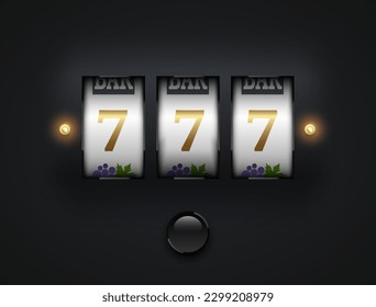 Lucky seven 777 slot machine. Spin button, cut frame, isolated on black background. Vector online casino vegas game. Gambling fortune chance web banner. Win jackpot golden 7, led bulb light