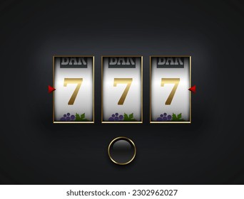 Lucky seven 777 slot machine. Spin button, cut frame, isolated on black background. Vector online casino vegas game. Gambling fortune chance web banner. Win jackpot golden 7, red arrow