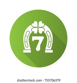 Lucky seven game flat design long shadow glyph icon. Horseshoe and four leaf clover with number 7. Vector silhouette illustration