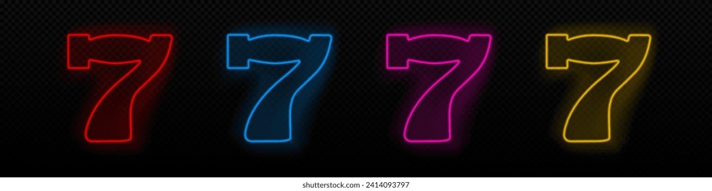 Lucky seven neon vector icon. Three 7 jackpot glowing laser lamp symbol