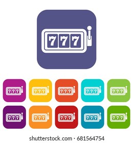 Lucky seven on slot machine icons set vector illustration in flat style in colors red, blue, green, and other