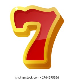 Lucky seven red sign, icon. Gambling casino, slot machine element. Winning 7 number, digit, numeral. Jackpot, success, good chance, fortune. Vector game lucky seven isolated on white background.