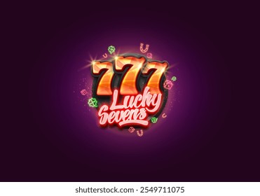 Lucky sevens. Casino banner with neon gaming symbols on a bright background. Vector illustration.
