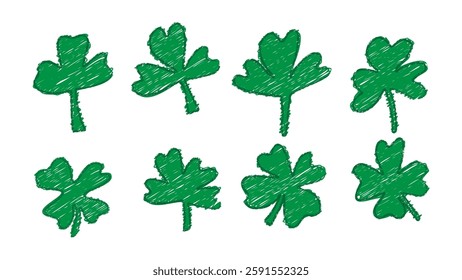 Lucky shamrock clover drawn with four leaf vector. Chalk sketch brush set for St Patrick trefoil. Irish Celtic luck day isolated illustration. Green graphic with crayon texture for spring holiday