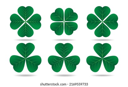 Iconos de shamrock afortunados. Sencillos signos vectoriales de trébol decorativo para 3 hojas y emblemas de 4 hojas, tres y cuatro pétalos florales shammrock irish trébol aislado