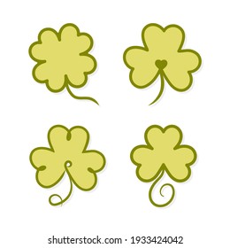 Lucky shamrocks set. Collection of green clover leaves in doodle style. Vector illustration.