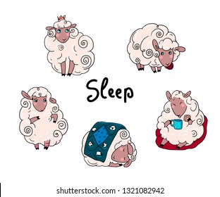 Lucky sheeps vector illustration set isolated on white.