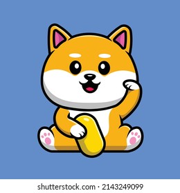 Lucky Shiba Inu Holding Gold Cartoon Vector Icon Illustration. Animal Business Icon Concept Isolated Premium Vector