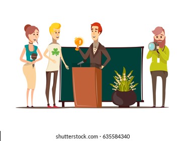 Lucky situations flat composition with prizewinner behind the podium photographer reporter and journalist doodle style characters vector illustration