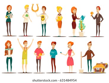 Lucky situations flat set of doodle style flat images of isolated human characters with various items vector illustration