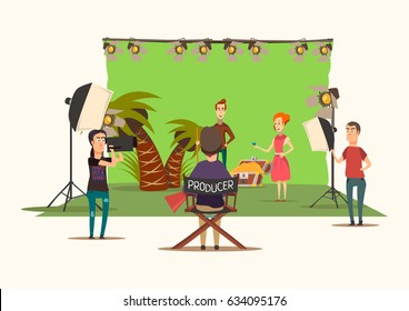 Lucky situations movie shooting composition with film set design imitating treasure island scenery with production unit vector illustration