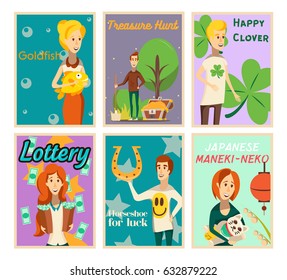 Lucky situations posters collection of flat image compositions with happy human characters and text vector illustration