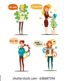 Lucky situations set of four isolated flat human characters and poker lottery money tree conceptual items vector illustration