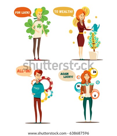 Lucky situations set of four isolated flat human characters and poker lottery money tree conceptual items vector illustration