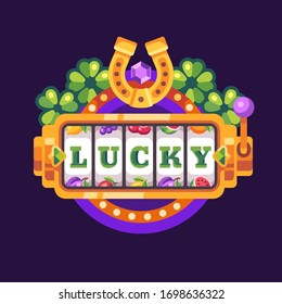 Lucky slot machine with horseshoe and shamrock flat illustration on purple background