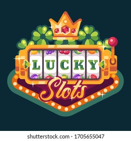 Lucky slots. Slot machine with crown and shamrock. Casino flat illustration