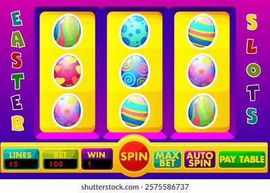 Lucky Slots UI with set of slot symbols. Classic UI game slot machine with buttons and symbols on the theme of Easter Day-colored eggs