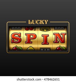 Lucky Spin slot machine casino banner. Vector illustration.