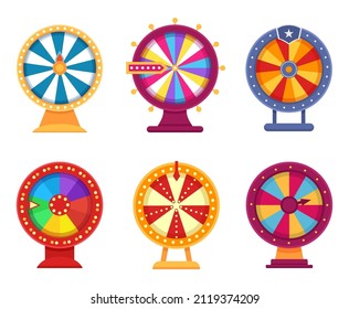 Lucky spinning roulette. Lottery game with colorful sections or slots. Gambling wheel for rotation with arrow. Casino jackpot, achieving target, winning money and entertaining vector set