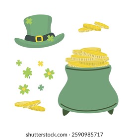 Lucky St. Patrick's Day Illustration set with Pot of Gold, Leprechaun Hat, Shamrocks, Green and Gold, Festive and Cheerful Cartoon Style