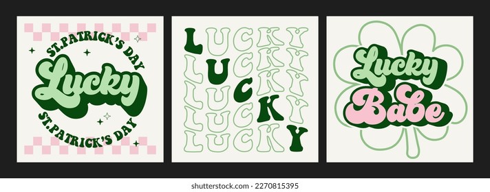 Lucky St. Patrick's day quotes phrases retro wavy groovy typography sublimation on white background