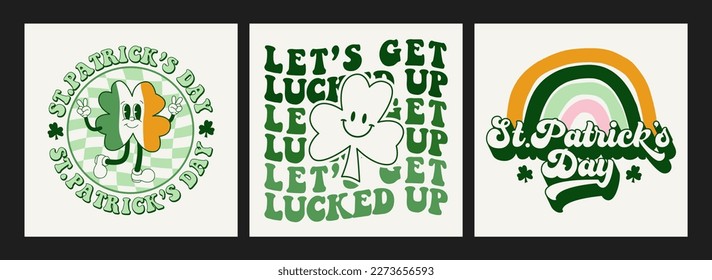 Lucky St. Patrick's day quotes phrases retro wavy groovy typography sublimation on white background