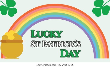 Lucky St. Patrick's Day text with a pot of gold and rainbow, symbolizing Irish holiday, fortune, and good luck.