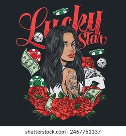 Lucky star colorful poster with casino woman among roses and cards for playing poker and other gambling games vector illustration