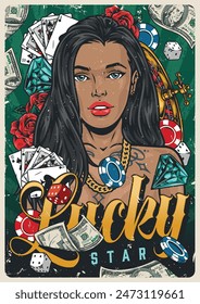 Lucky star colorful vintage flyer with casino girl with money and poker cards or playing chips vector illustration