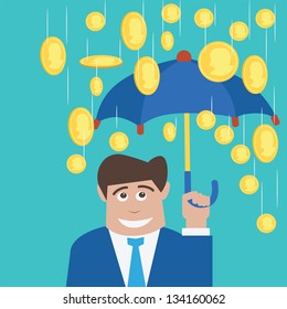 Lucky success businessman holding umbrella with gold coins rains over him. Vector concept 10 version encapsulated postscript.