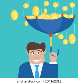 Lucky success businessman holding umbrella up side down with gold coins rains over him. Vector concept 10 version encapsulated postscript.