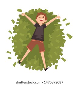 Lucky Successful Rich Guy Millionaire, Happy Wealthy Person Lying on Pile of Money Vector Illustration