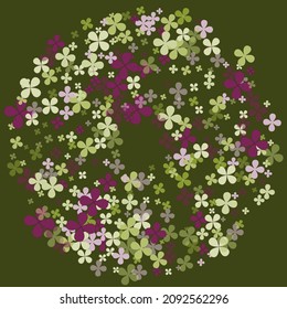 Lucky Summer Dark Bright Illustration. Floral Nature Holidays Spring Green Backdrop. Flowers Pastel Vivid Saint Patrick Clovers Wallpaper. Simple Fourtune Purple Vibrant Greenery Confetti.