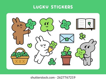 Lucky symbol illustration stickers set. Four-leaf clover and cute rabbits character stickers collection. Cartoon style flat vector clipart.  