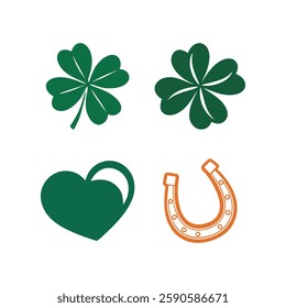 Lucky symbol set featuring a four-leaf clover, stylized clover, horseshoe, and heart. Perfect for St. Patrick’s Day, good luck themes, and decorative designs. Green and orange elements  