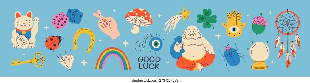 Lucky symbol vector set with fortune and good luck elements. Magic talismans. Horseshoe, dice, ladybug, Maneki Neko, hamsa hand, mushroom, clover, evil eye and shooting star. Flat illustrations perfect for stickers, branding, posters and spiritual design.