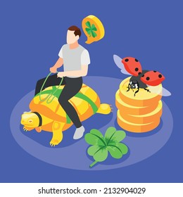 Lucky symbols colored background with male character sitting astride turtle ladybug on stack of coins and four leaf clover vector illustration