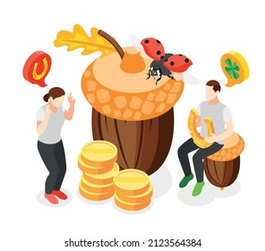 Lucky symbols concept composition with human couple among the large images of golden coins acorn ladybug isometric vector illustration