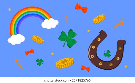 Lucky symbols including rainbow, coins, clovers, horseshoe, and stars in a cartoon style on a blue background. St. Patrick's Day concept