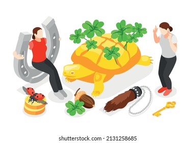 Lucky Symbols Isometric Composition With Big Turtle Decorated By Clover Leaves Rabbit Foot And Acorn Elements Vector Illustration