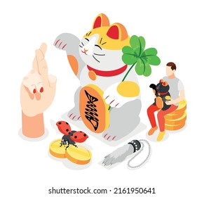 Lucky Symbols Isometric Icons With Japanese Maneki Cat Rabbit Foot Crossed Fingers Isolated Vector Illustration