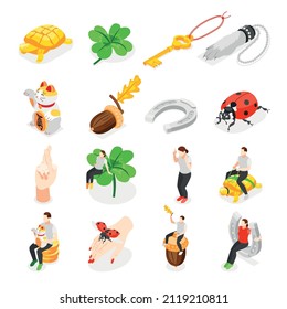 Lucky symbols isometric icons set of acorn ladybug turtle neko cat rabbit foot horseshoe four leaf clover isolated vector illustration